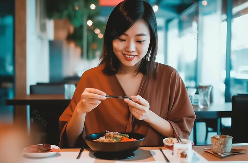 一名开朗的年轻女子正在享用新鲜美味的套餐,高清,摄影图,摄影图片,图片大全,摄影图免费下载